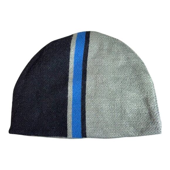 Quiksilver Reversible Knit Beanie Hat Grey Black Blue Striped Logo Surfer Adults - Picture 4 of 8